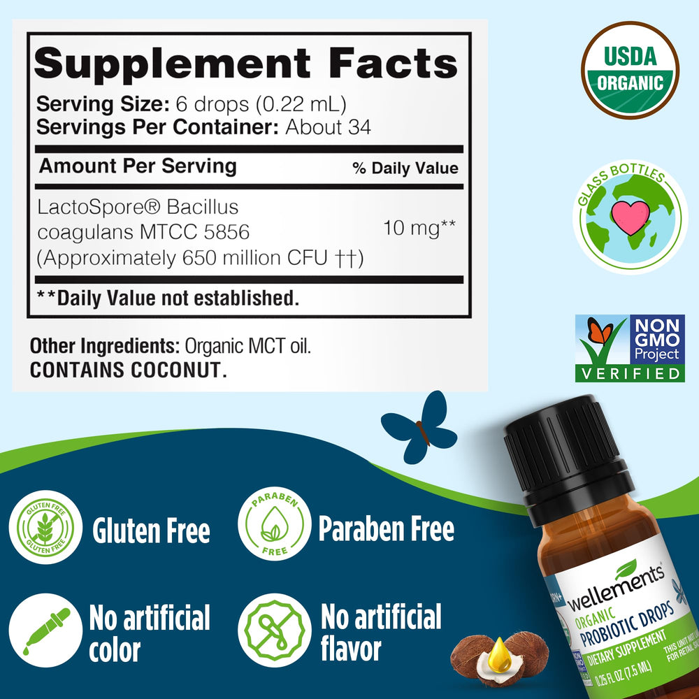 Wellements probiotic drops bottle-top communicates safety and organic formulation.