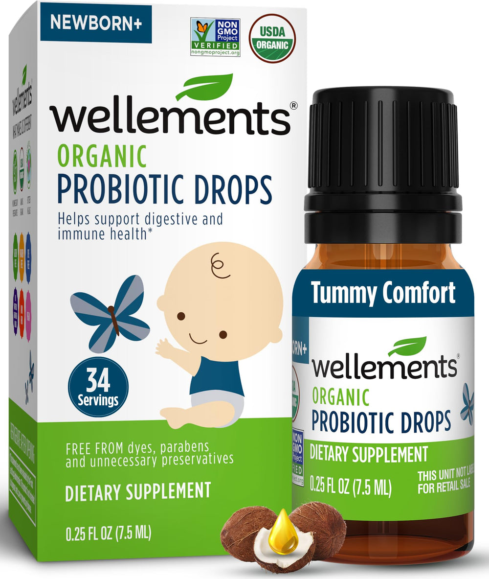 Wellements probiotic drops bottle supports infant digestive comfort.
