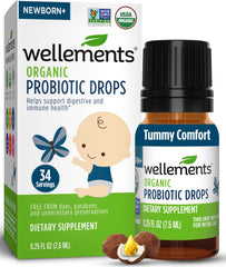Wellements probiotic drops bottle supports infant digestive comfort.