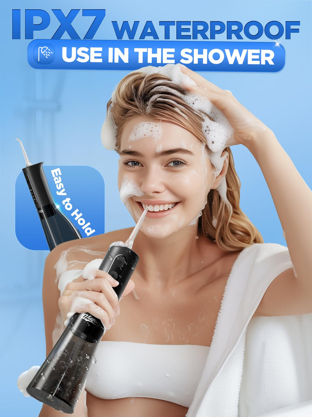 WELLFINE IPX7 waterproof dental irrigator for shower use.