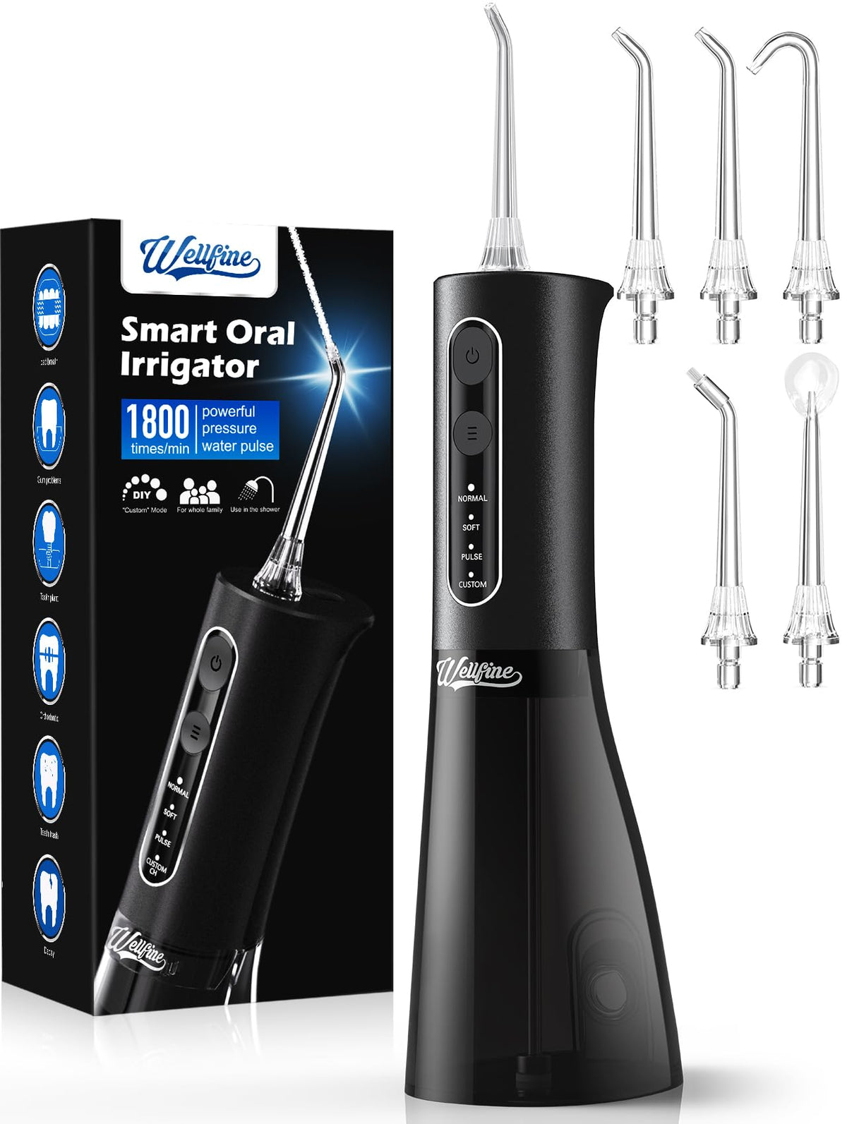 WELLFINE portable cordless flosser with 4 modes for versatile oral care on the go.