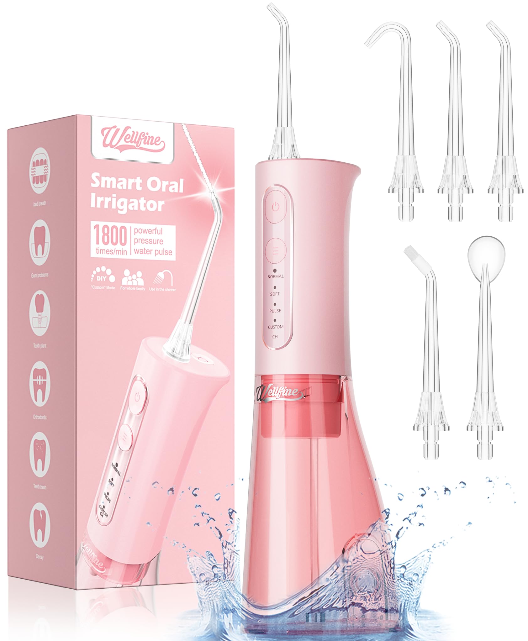 Wellfine water dental flosser front view highlighting compact cordless design and large tank