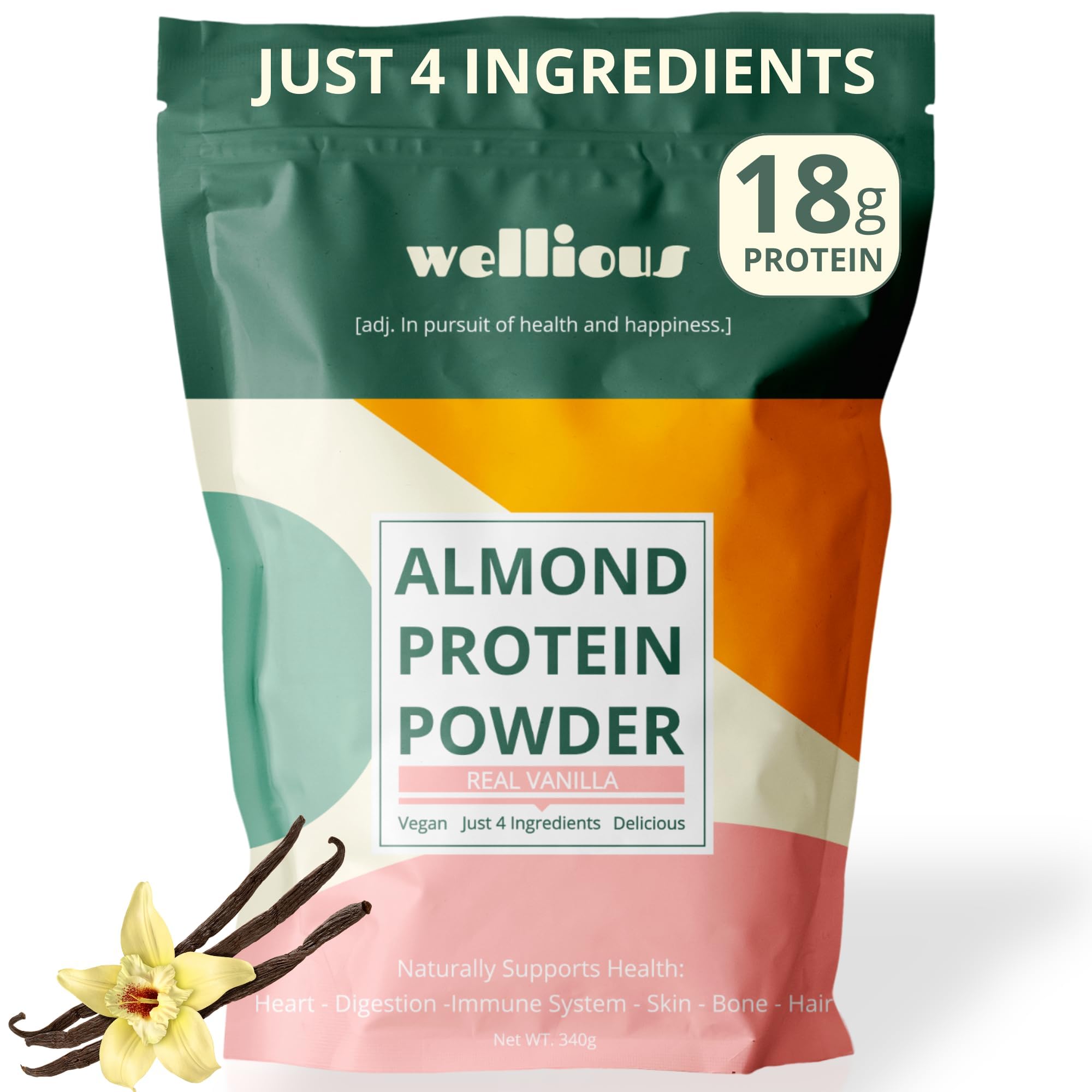 Wellious vanilla almond protein powder packaging highlights clean ingredients