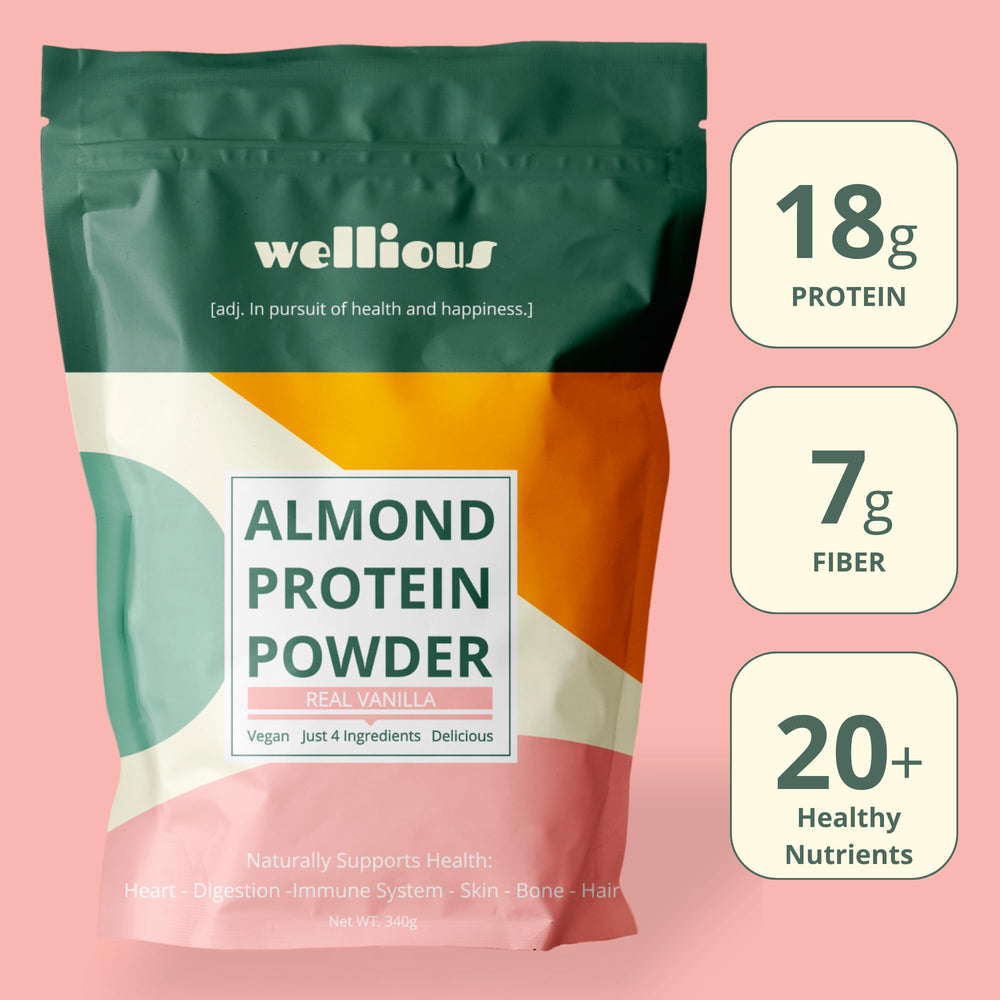 Wellious vanilla almond protein powder pours into a glass for a smooth, energizing drink