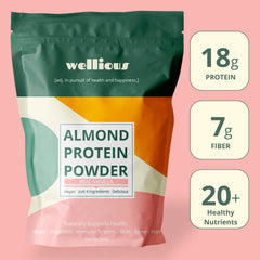 Wellious vanilla almond protein powder pours into a glass for a smooth, energizing drink