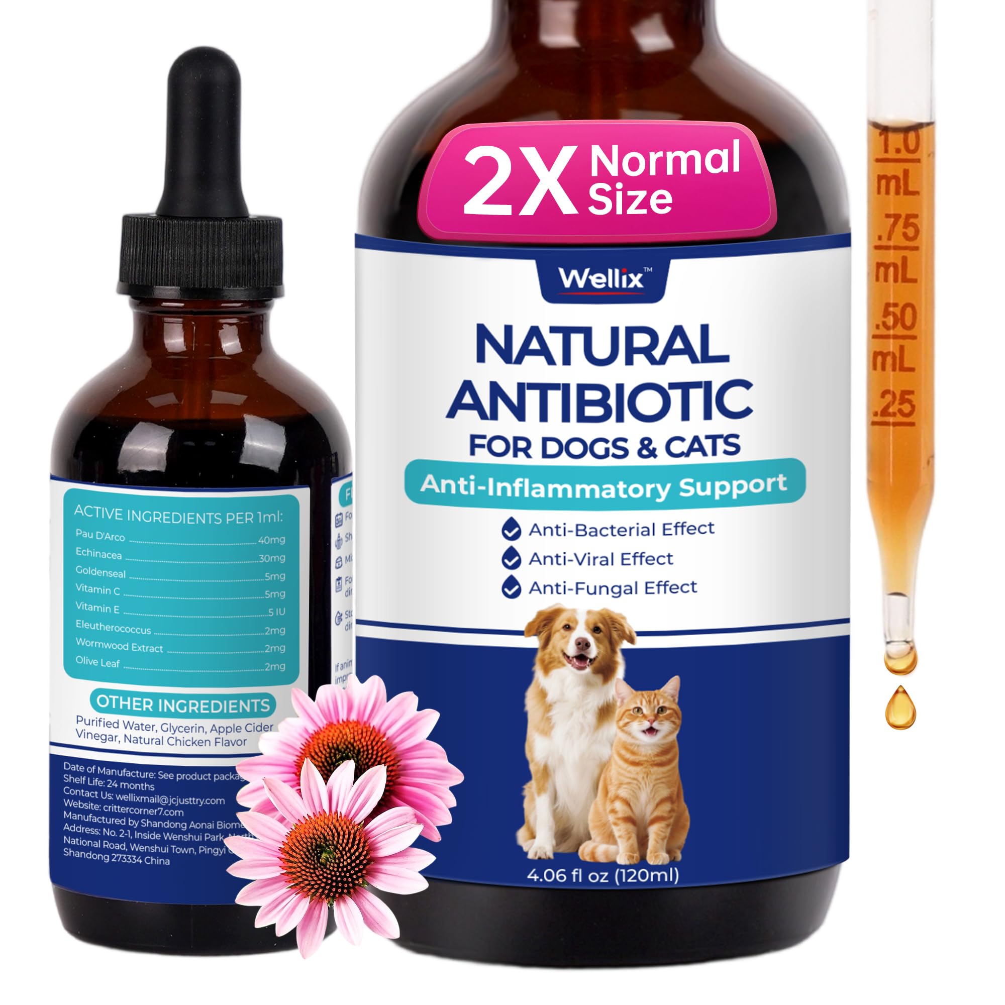 Wellix antibiotiques naturels pour chats et chiens, flacon 120 ml, pratique à utiliser.