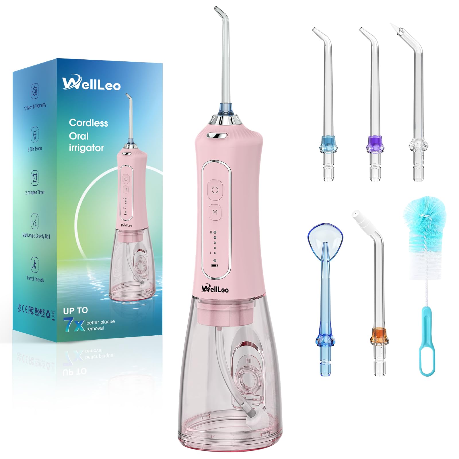WellLeo water flosser in a compact design for travel and storage.