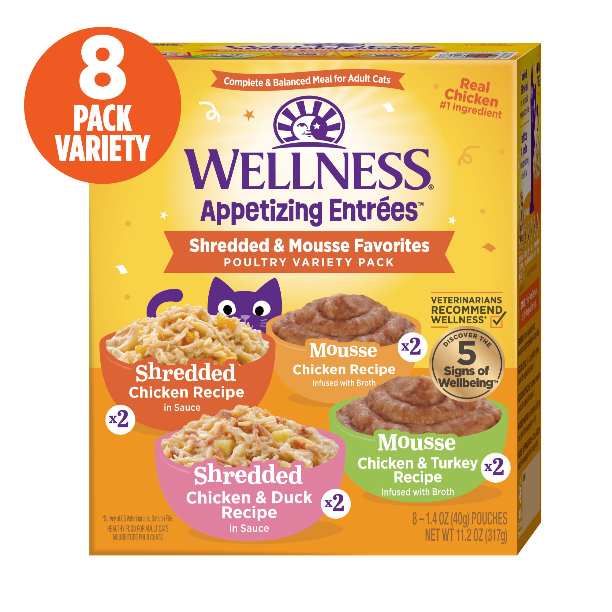 Wellness Appetizing Entrées shredded chicken pouch highlights real protein as the #1 ingredient.