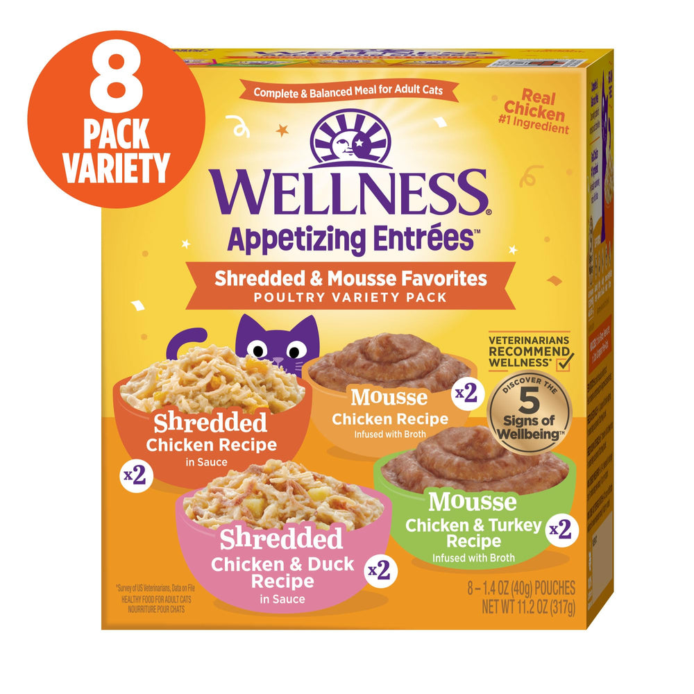 Wellness Appetizing Entrées shredded chicken pouch highlights real protein as the #1 ingredient.