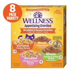 Wellness Appetizing Entrées shredded chicken pouch highlights real protein as the #1 ingredient.