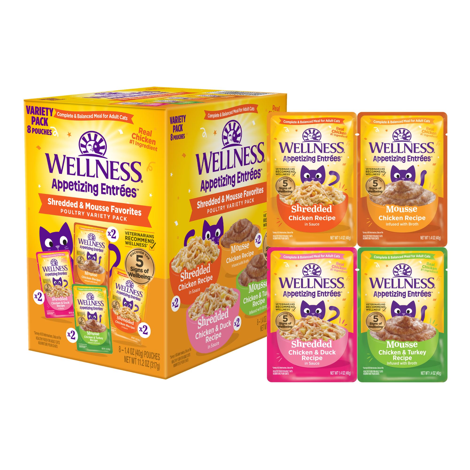 Wellness Appetizing Entrées variety-pack pouches show protein-rich meals for adult cats.