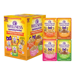 Wellness Appetizing Entrées variety-pack pouches show protein-rich meals for adult cats.