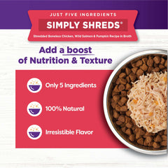 Wellness Bowl Boosters Simply Shreds in broth emphasizing grain-free, protein-packed topping.