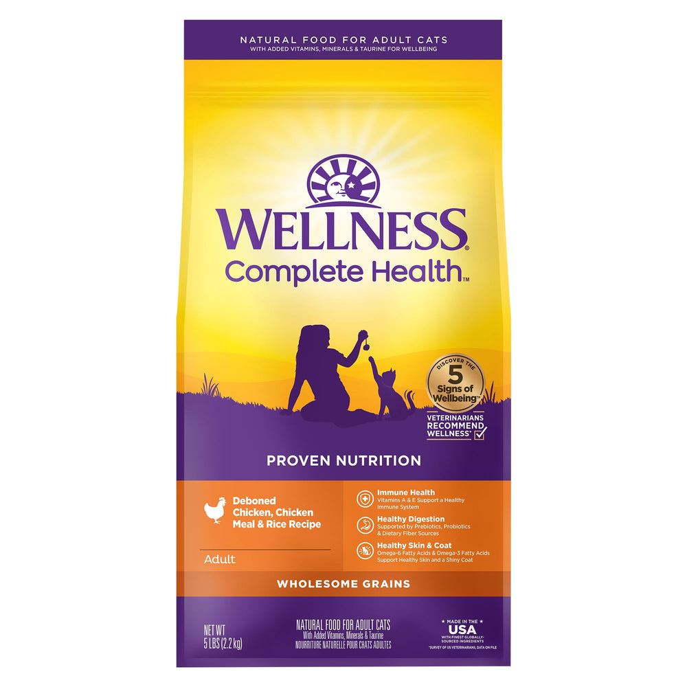 Wellness Complete Health adult cat food with chicken first ingredient supports balanced nutrition for life.