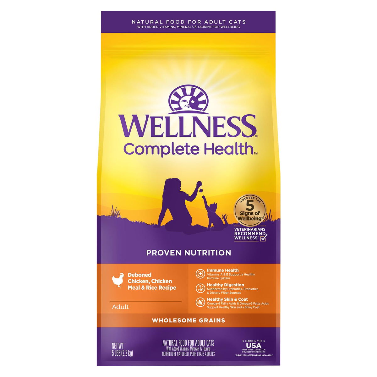 Wellness Complete Health adult cat food with chicken first ingredient supports balanced nutrition for life.