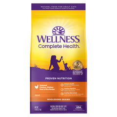 Wellness Complete Health adult cat food with chicken first ingredient supports balanced nutrition for life.