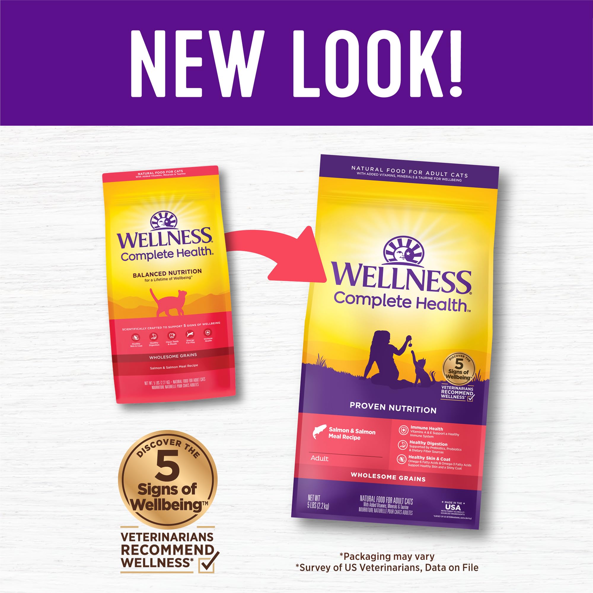 Wellness Complete Health salmon kibble close-up highlights real salmon flavor and protein