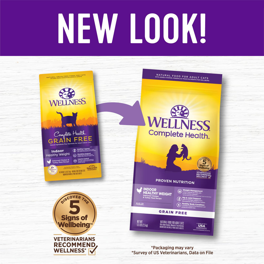 Wellness Complete Health grain-free cat food packaging highlighting USA-made quality
