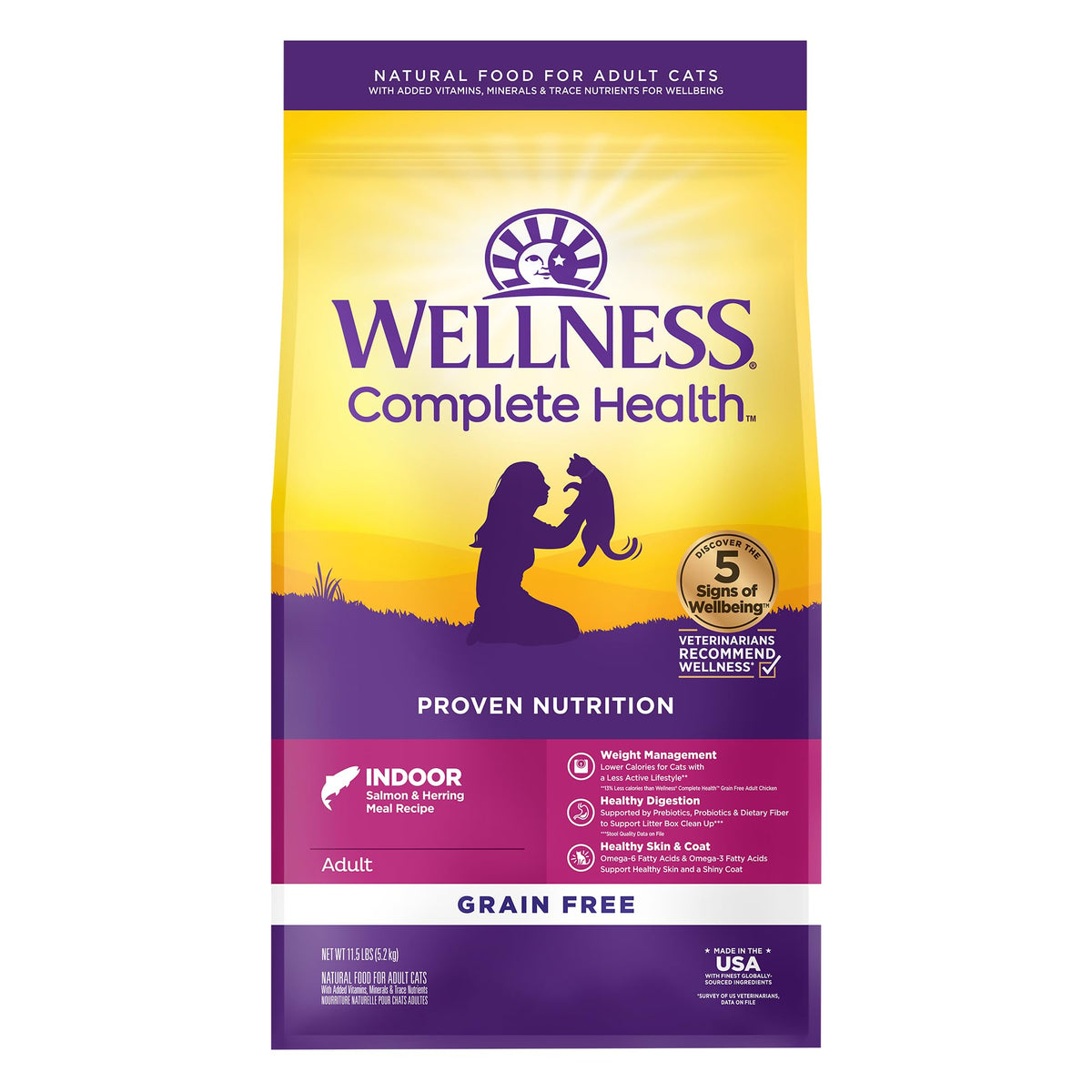 Wellness Complete Health Indoor bag shows grain-free nutrition for indoor cats' daily wellbeing.