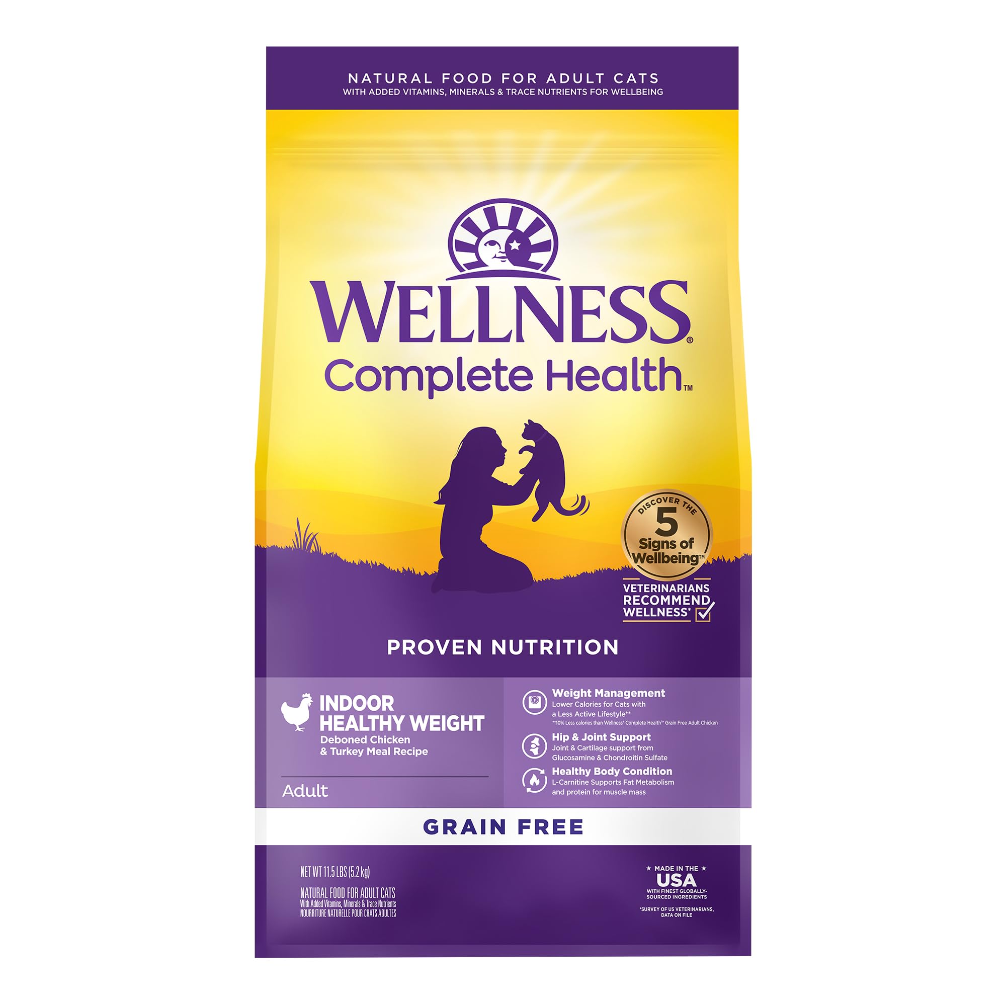 Wellness Complete Health indoor cat kibble close-up with real chicken and turkey.