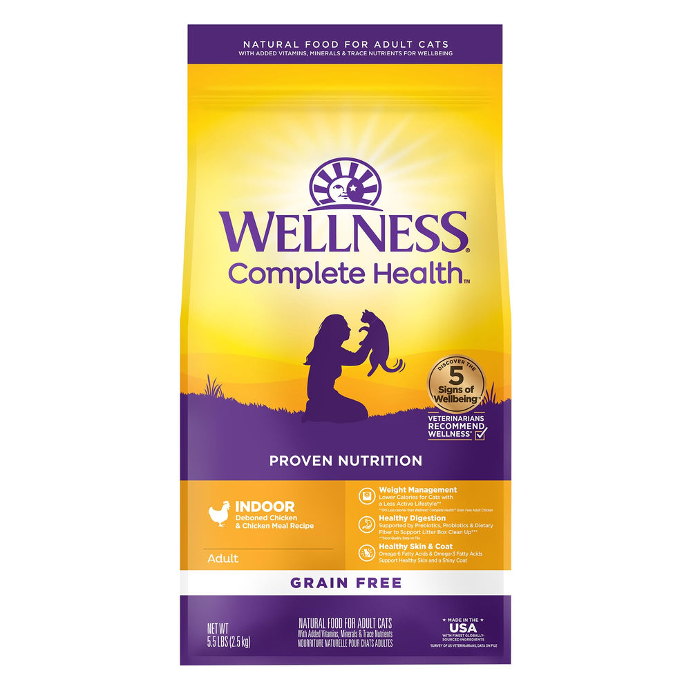 Wellness Complete Health indoor chicken kibble in bag supports balanced energy for indoor cats.