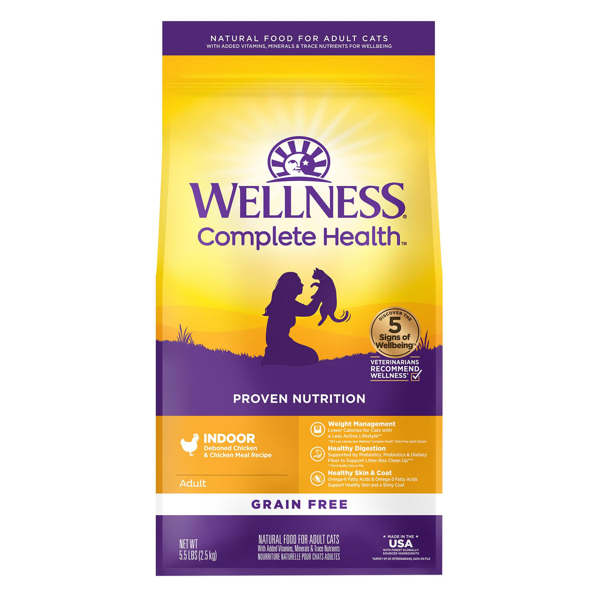 Wellness Complete Health indoor chicken kibble in bag supports balanced energy for indoor cats.