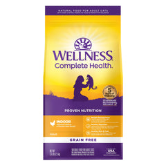 Wellness Complete Health indoor chicken kibble in bag supports balanced energy for indoor cats.
