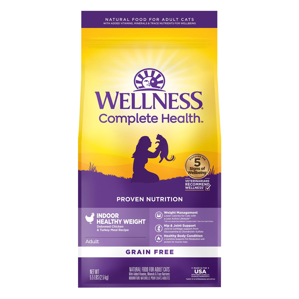 Wellness Complete Health indoor weight dry food bag showing grain-free formula for indoor cats