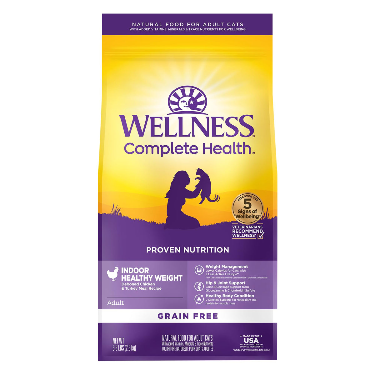Wellness Complete Health indoor weight dry food bag showing grain-free formula for indoor cats