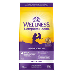 Wellness Complete Health indoor weight dry food bag showing grain-free formula for indoor cats