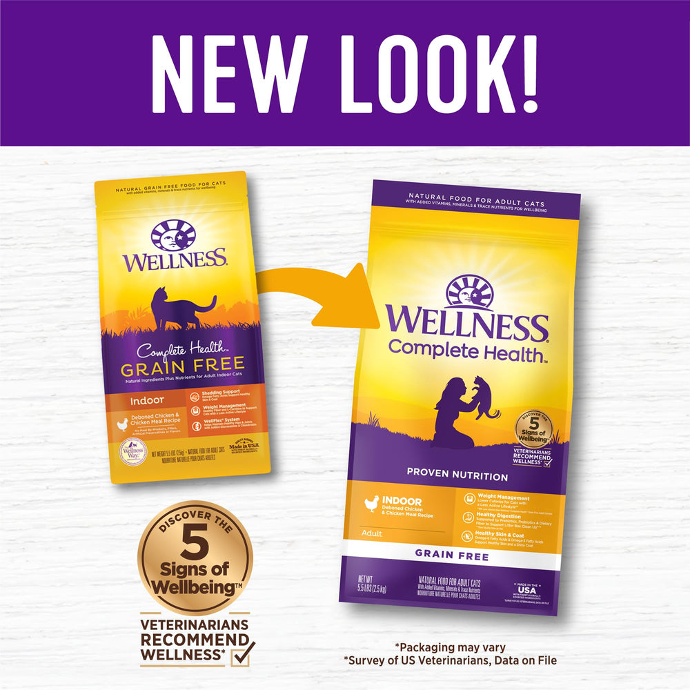 Wellness Complete Health kibble close-up showcases grain-free formula and real chicken protein.