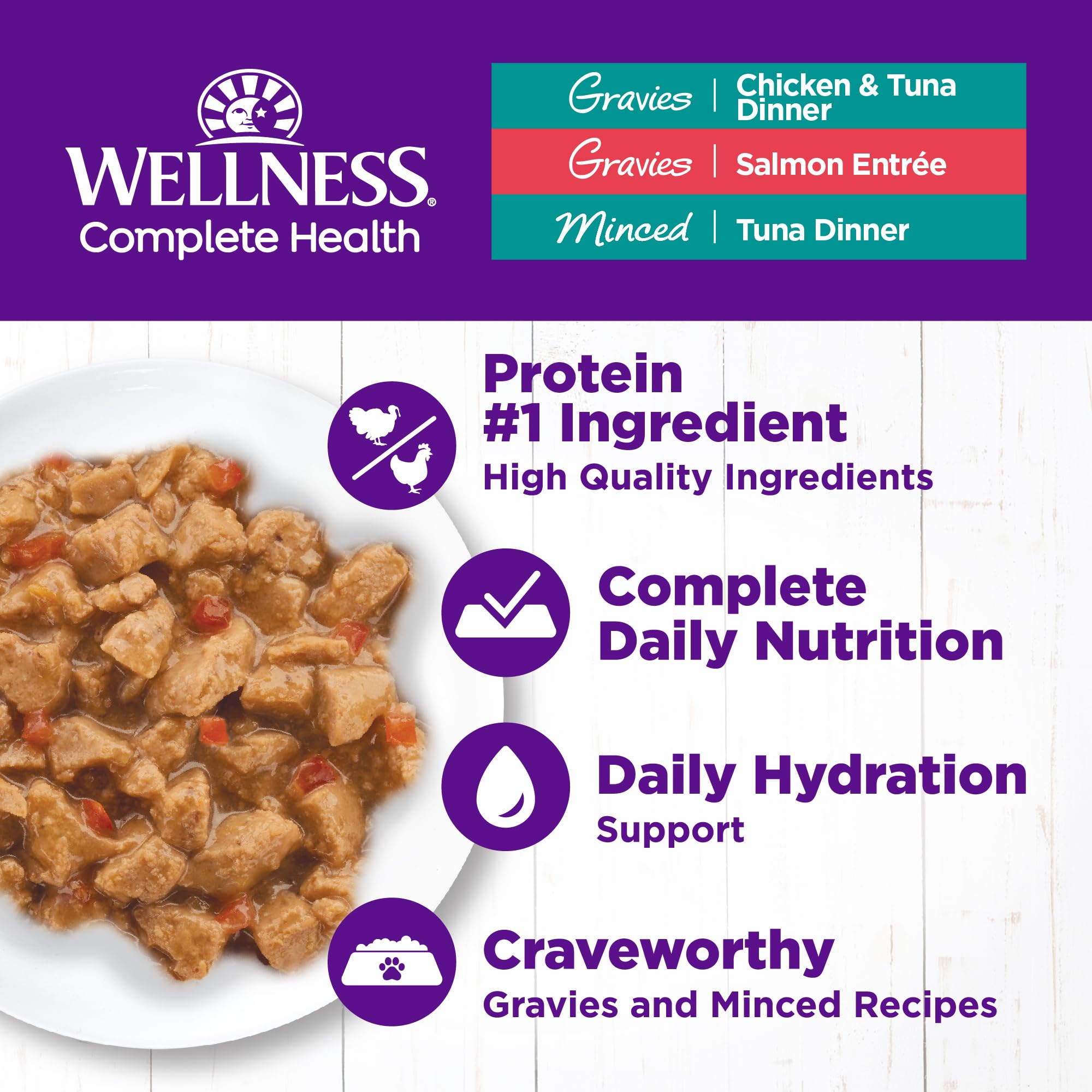 Wellness Complete Health minced-tuna can emphasizes texture and moisture for picky eaters.