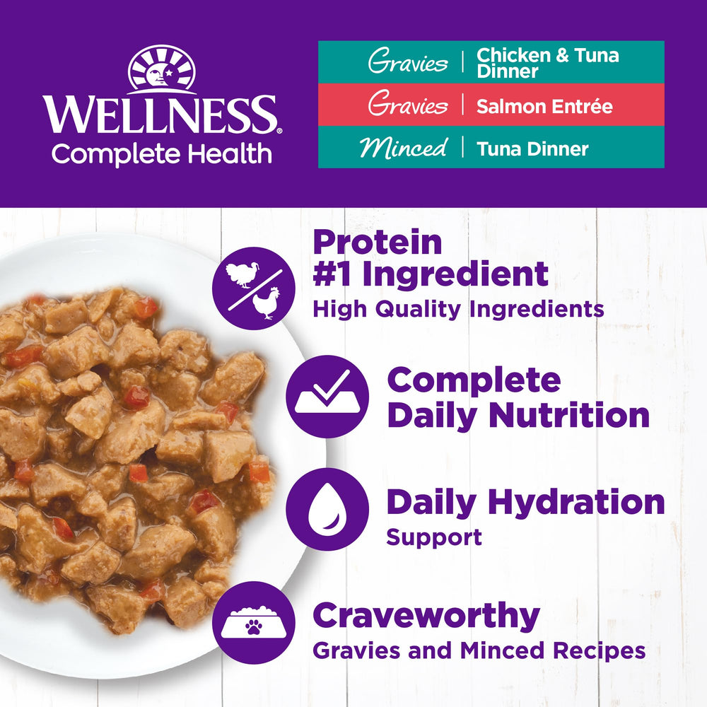 Wellness Complete Health minced-tuna can emphasizes texture and moisture for picky eaters.