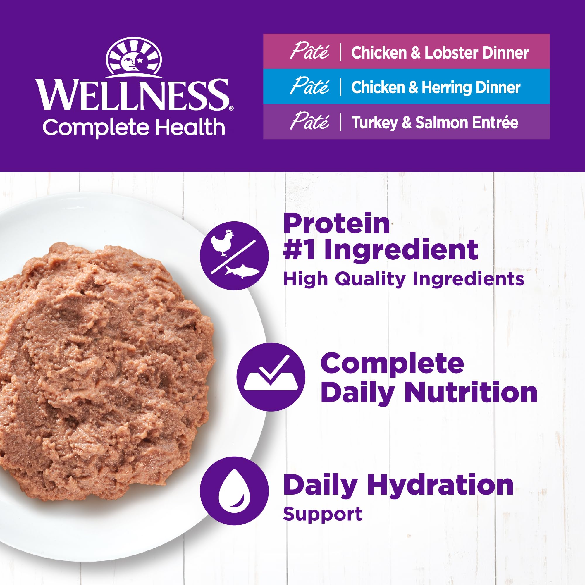 Wellness Complete Health Pate chicken lobster flavor image highlights premium seafood options for cats.