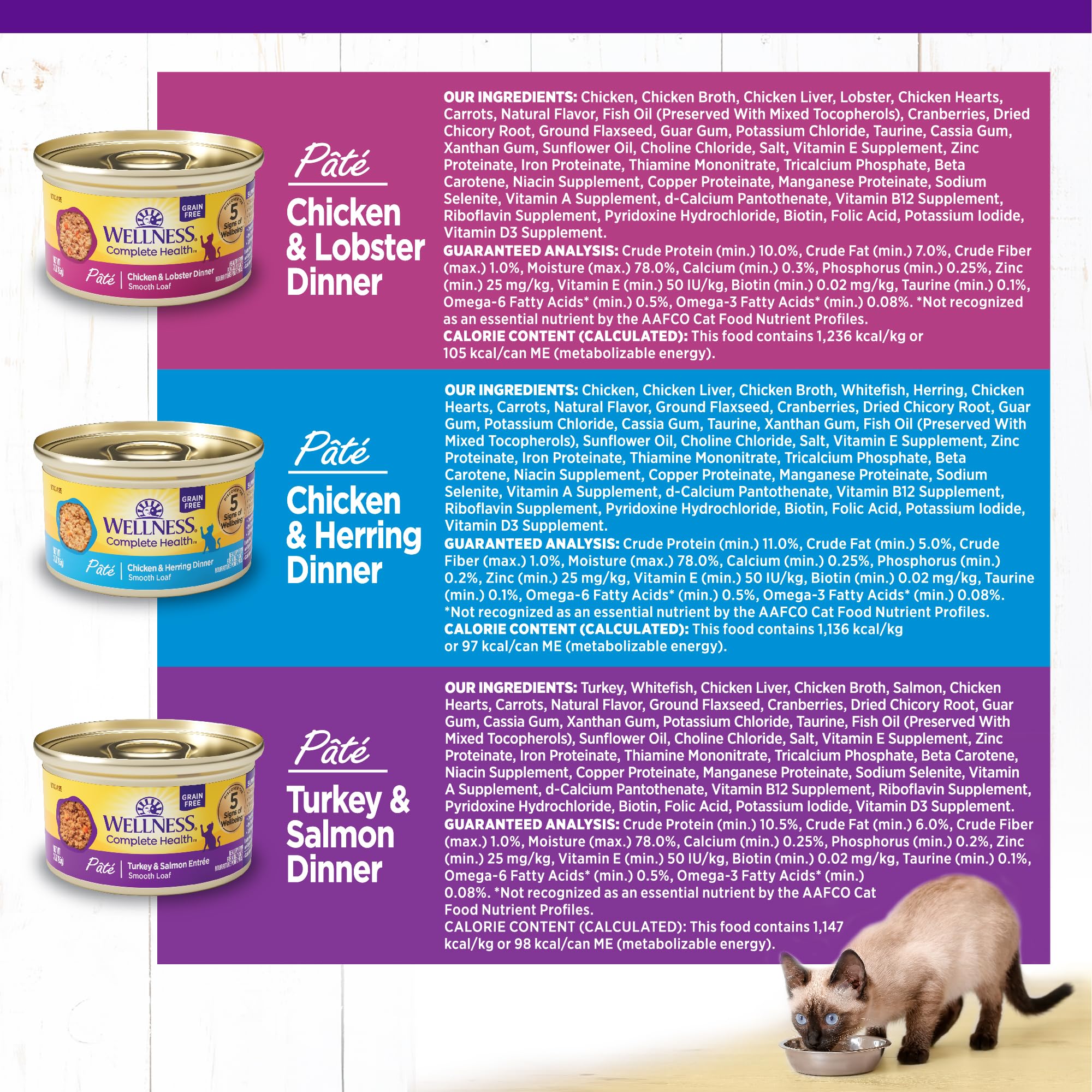 Wellness Complete Health Pate no-grain formula label highlights grain-free health for sensitive cats.