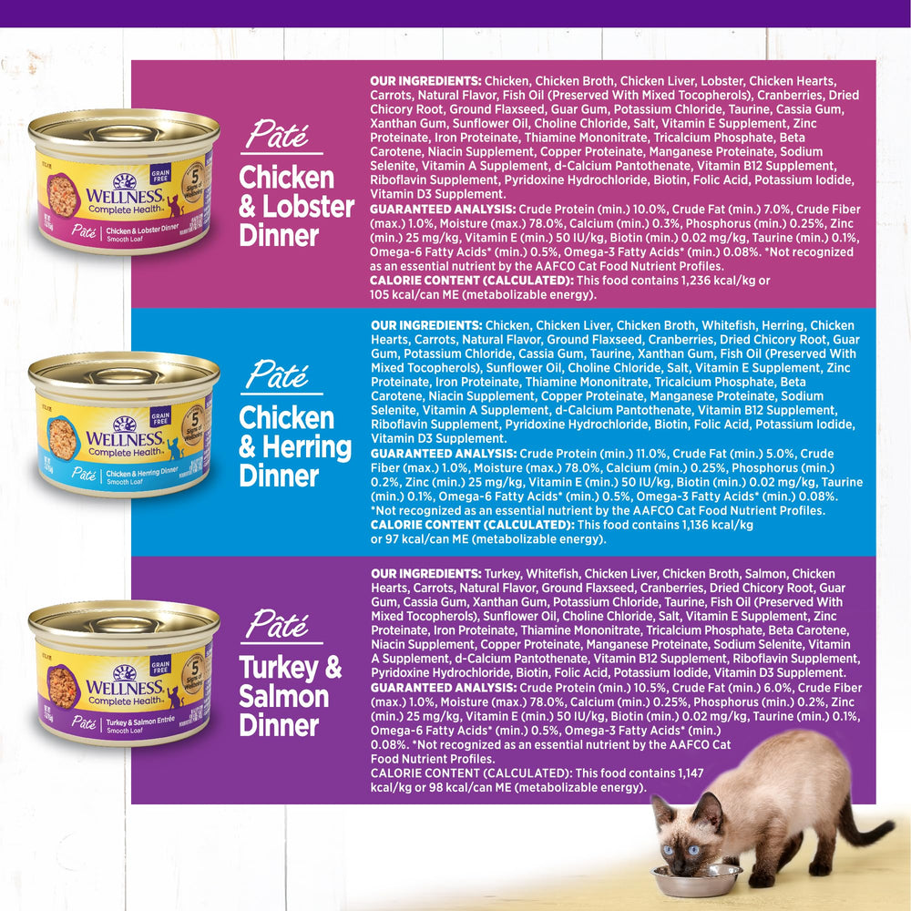 Wellness Complete Health Pate no-grain formula label highlights grain-free health for sensitive cats.
