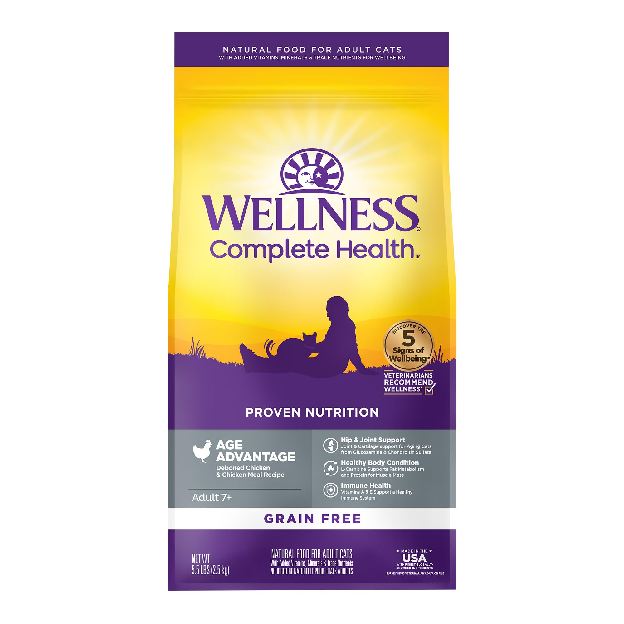 Wellness Complete Health Senior dry cat food chicken bag with grain-free formula for seniors.