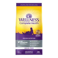 Wellness Complete Health Senior dry cat food chicken bag with grain-free formula for seniors.