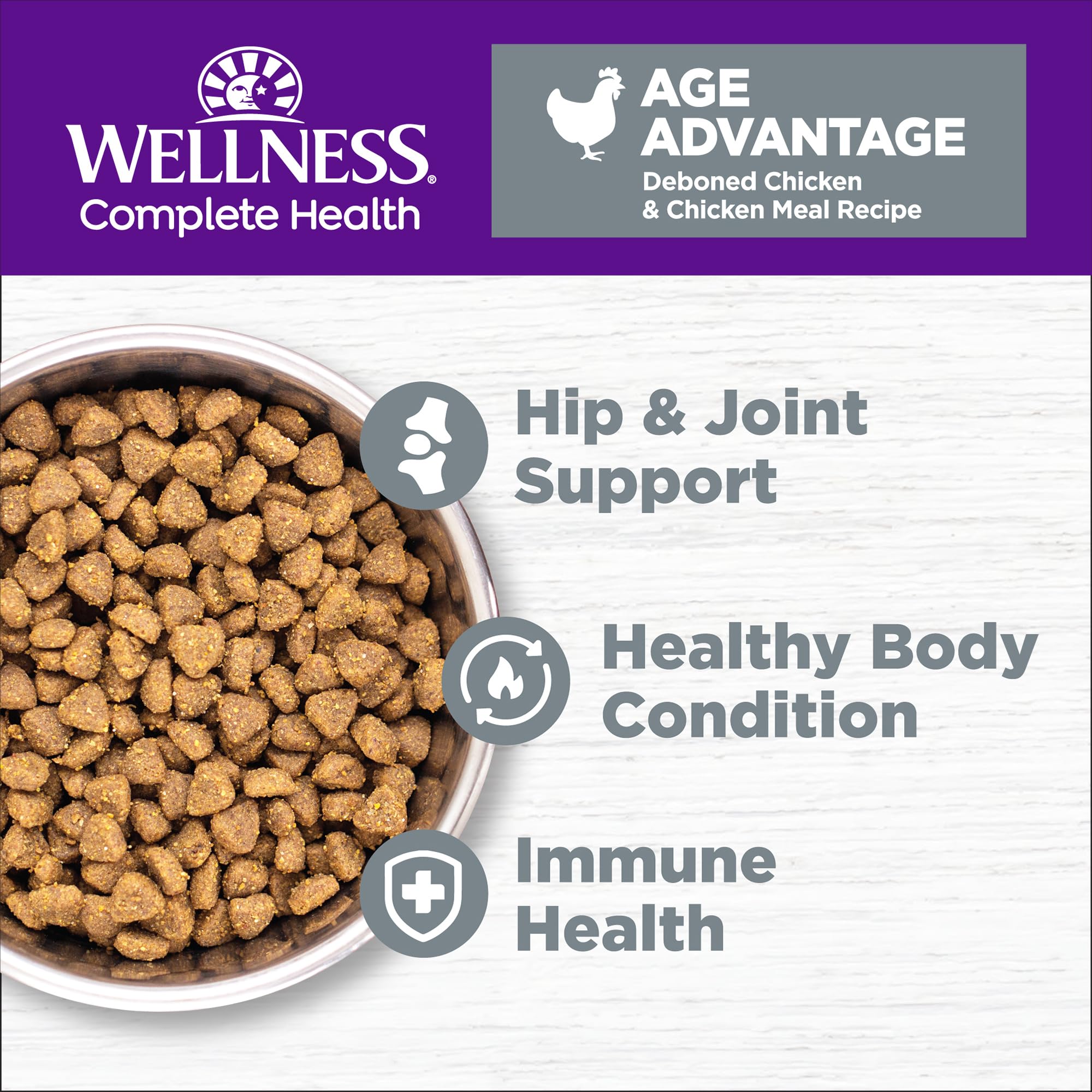Close-up of Wellness senior chicken kibble highlighting real deboned chicken.