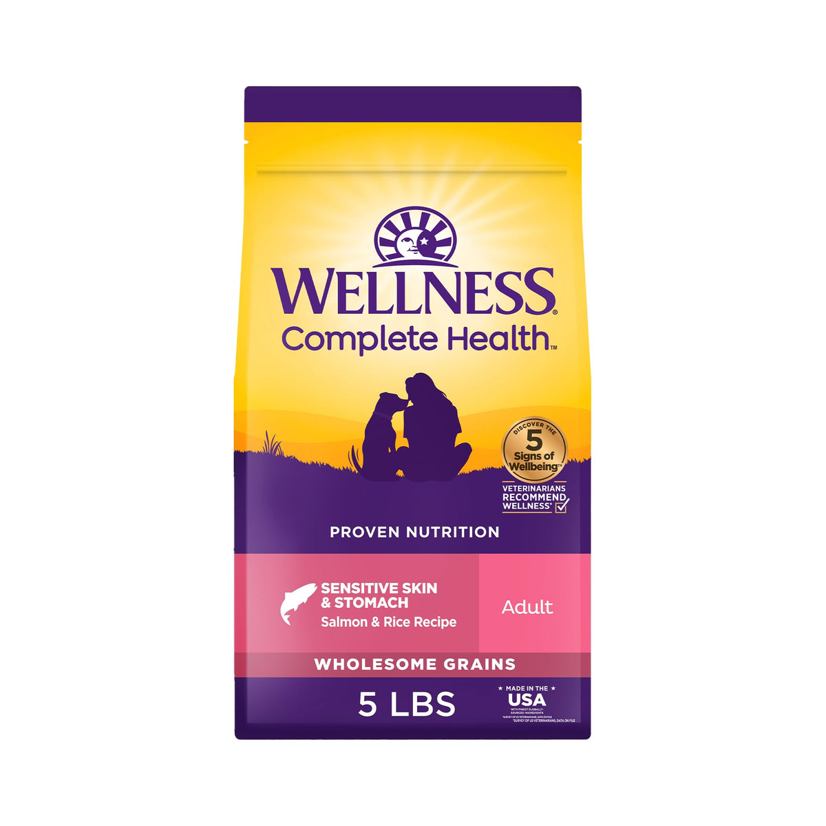 Wellness Complete Health dog food front bag shows salmon and rice for sensitive stomach