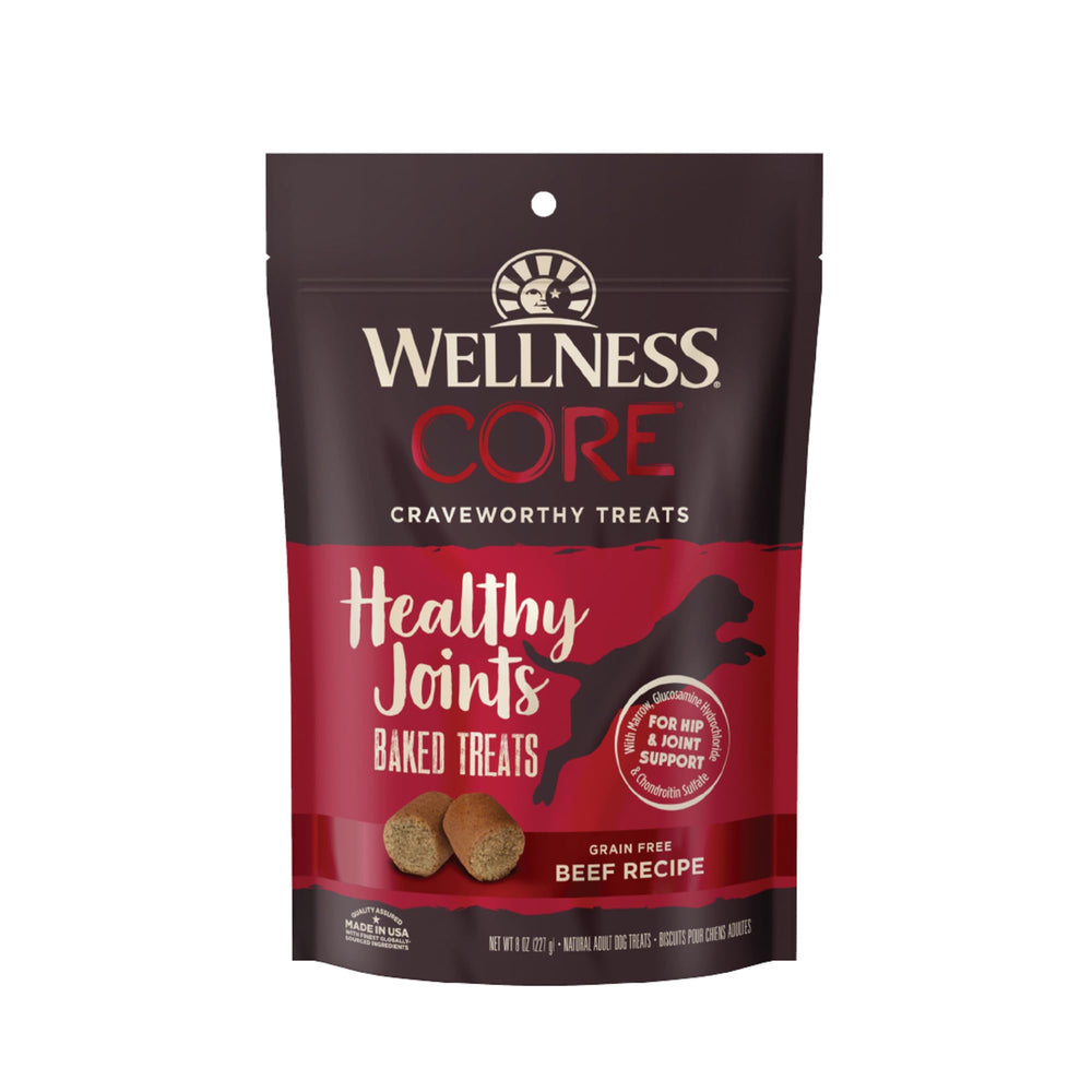 Wellness CORE Healthy Joints beef treats close-up, crunchy texture for tasty rewards.