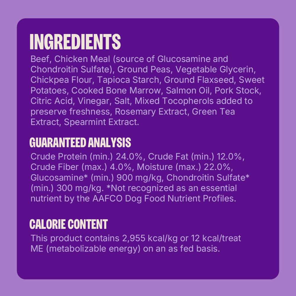 Wellness CORE Healthy Joints beef treats dog eating, a healthy snack option.
