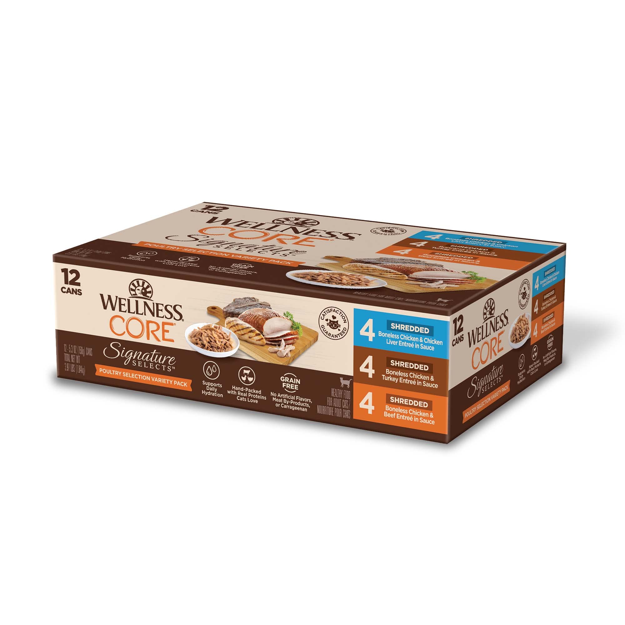 Wellness CORE Signature Selects adult cat wet food cans showing protein-rich meals