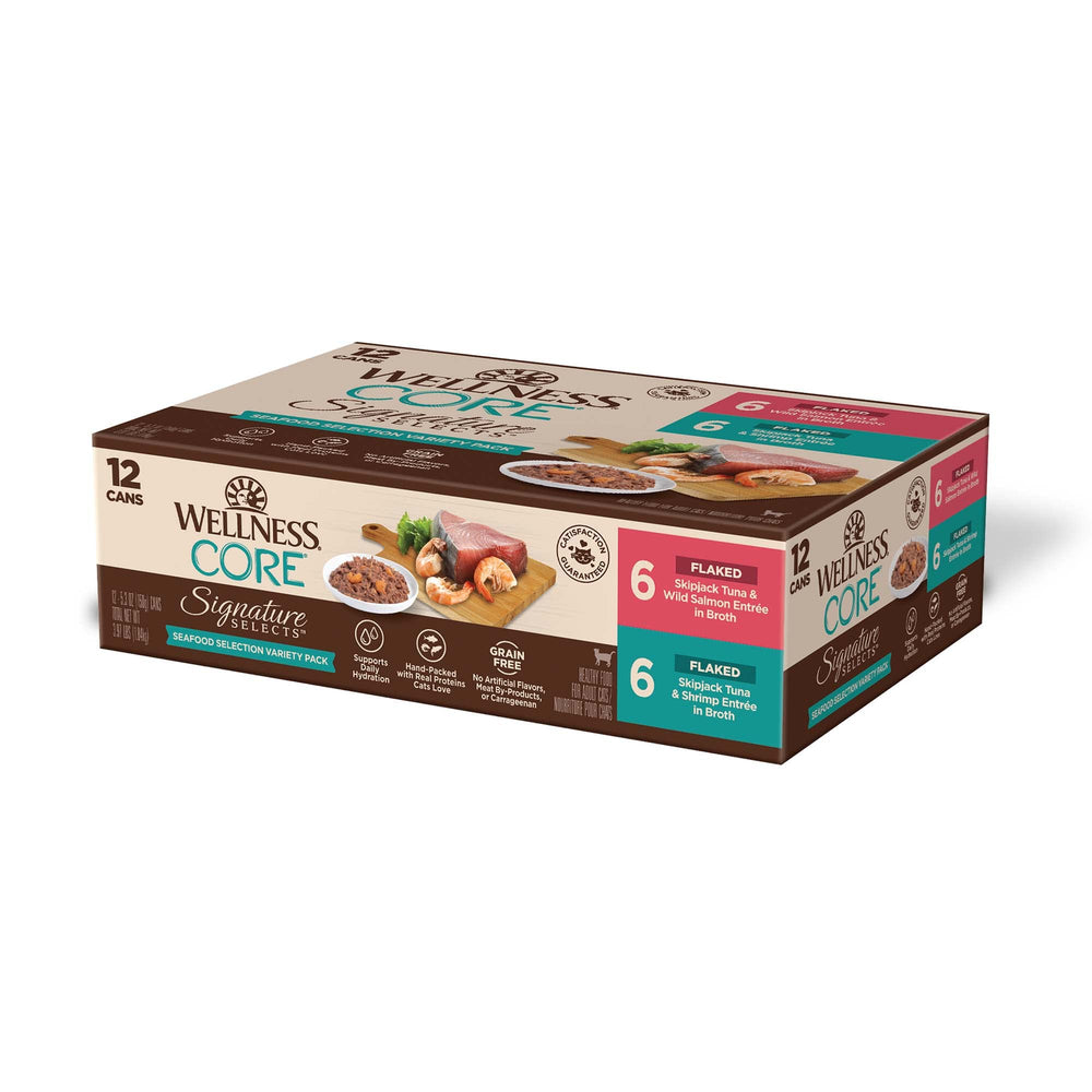 Wellness CORE Signature Selects variety pack cat cans showing grain-free, protein-rich meals