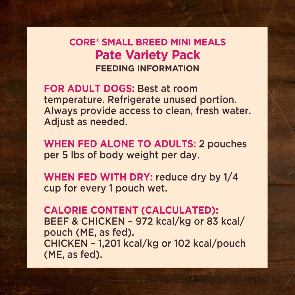 Wellness CORE Mini Meals illustrate proper portion sizes for small dogs.