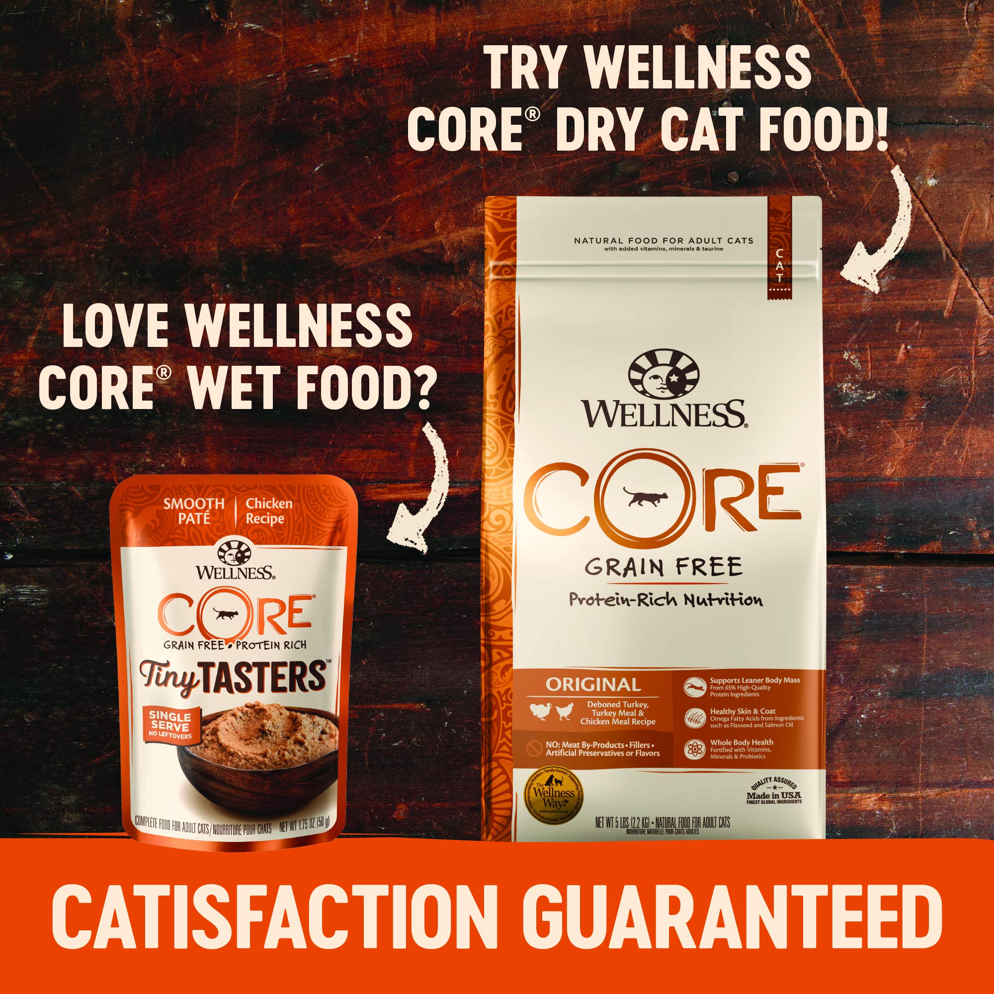 Wellness Core Tiny Tasters 12-pack display, convenient, mess-free cat meals.