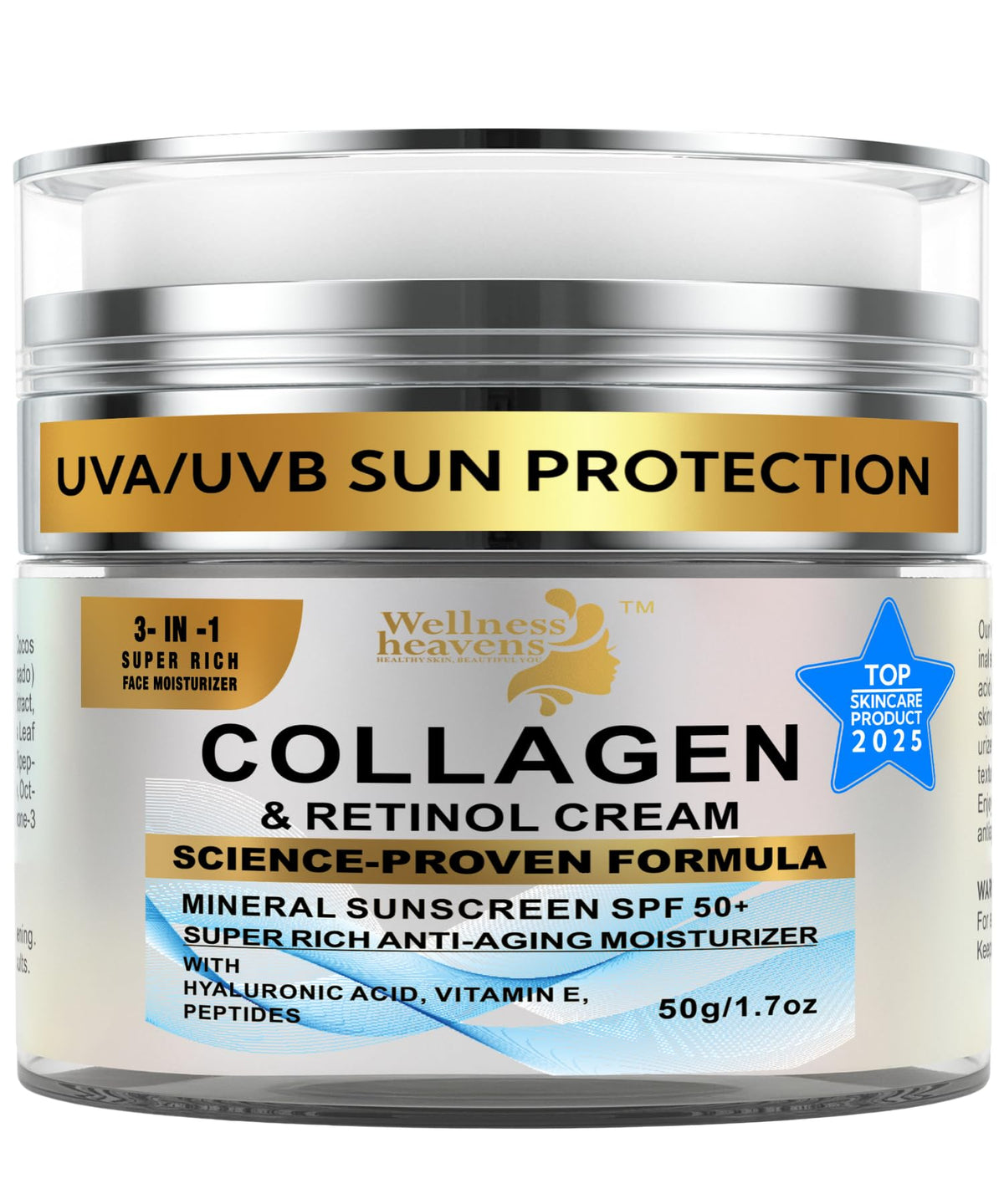 Wellness Heavens anti-aging moisturizer bottle for daily use with SPF protection.