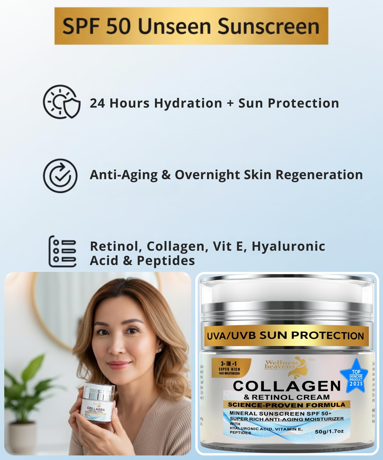 Wellness Heavens day-night use bottle suggested for streamlined skincare routine.
