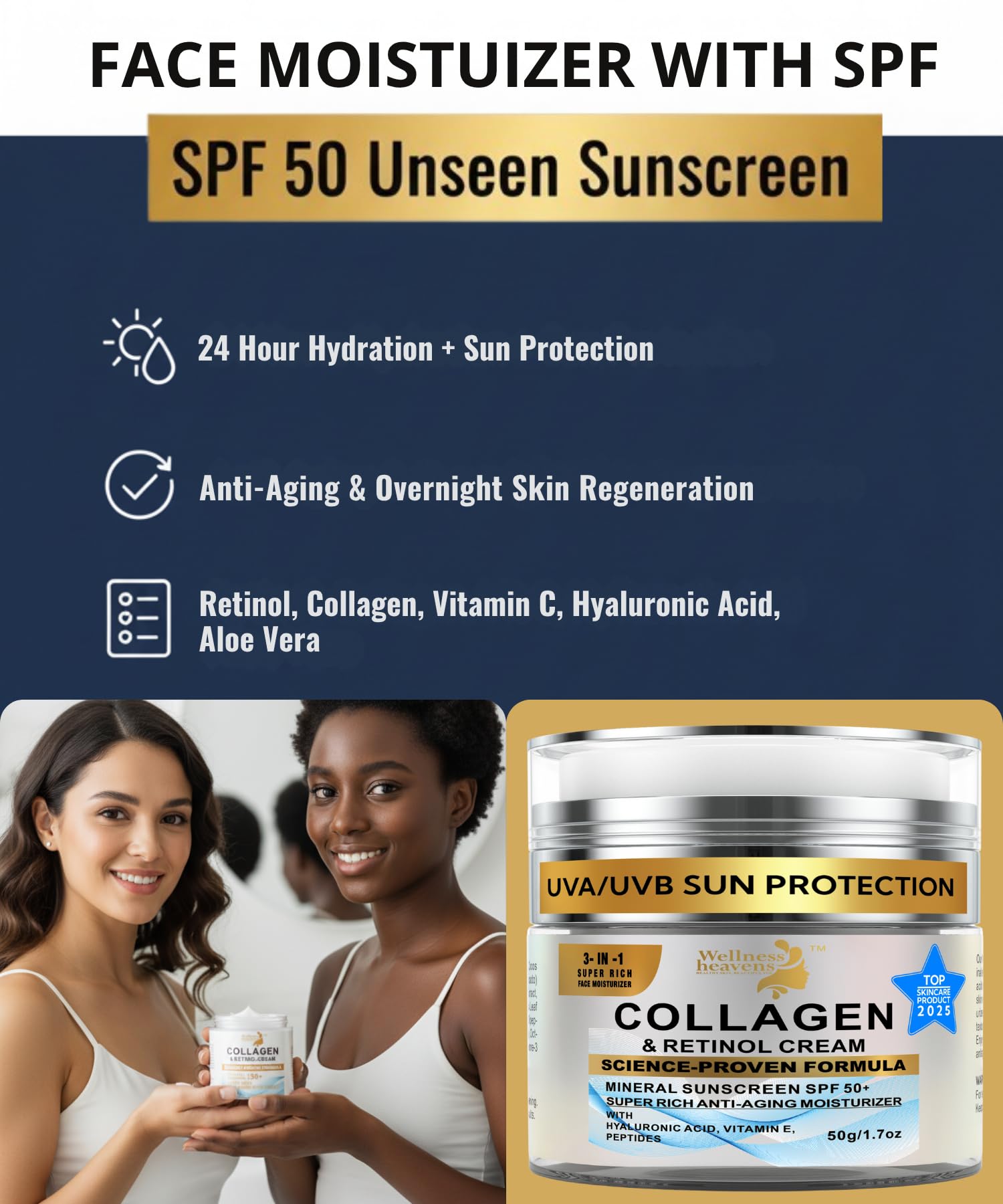 Wellness Heavens ingredients close-up showing retinol, collagen, and hyaluronic acid for skin support.