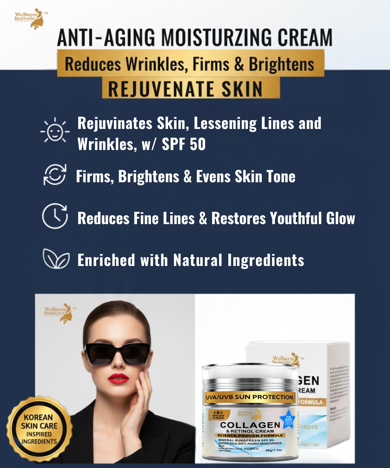 Wellness Heavens SPF-50 face cream jar highlighting sun protection and hydration.